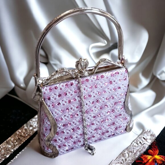 Pink Sequin White Lace Princess Two Way Evening Mini Hand Bag Crossbody - Picture 1 of 14